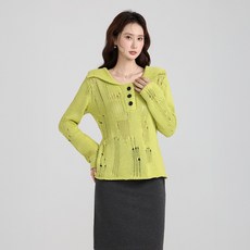 秋冬新款 綠色不規則破洞翻領針織開衫 寬鬆顯瘦長袖上衣 女 臺灣發貨, 芥末綠,均碼