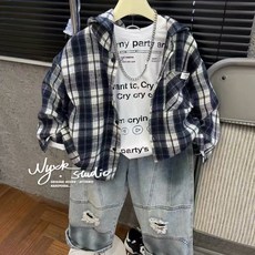 嘟嘟家 男童外套 秋裝兒童春秋款韓版潮流格子設計休閒中大童寬鬆襯衫連帽外套