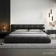 B&B 意式真皮泡芙床 榻榻米落地主臥婚床 現代輕奢風黑色麵包床 雙人床, 納帕真皮輕奢床+2櫃,2000mm*2200mm氣壓結構