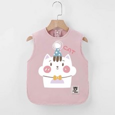 小動物系列防水背心圍兜 可愛動物圖案 易清潔防水材質 寶寶用餐好幫手, 貓咪粉,130, 1個