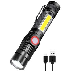 Spriak 충전식 LED 손전등 마그네틱 손전등 사이드라이트가 있는 매우 밝은 전술 USB 충전식 줌 방수 캠핑 비상용 소형 손전등144718, 블랙-레드 1개