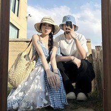 커플룩 휴양지룩 바캉스룩 신혼여행 비치 해변 커플 반팔 원피스 블루 체크 FTY453123