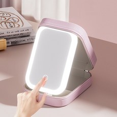 YES熊 LED化妝鏡，摺疊帶燈化妝盒，桌上收納飾品盒, 【櫻花粉】, 櫻花粉