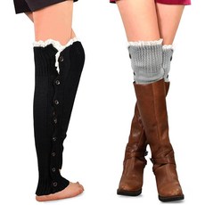 XEPST 2쌍 패션 레그 워머 크로셰 니트 롱 부츠 커프스 레이스 트림 무릎 위 발 없는 양말 토퍼 워머 요가 허벅지 높이 여성용 여아용 블랙 그레이_153702