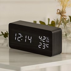 플라이토 우드 온습도 LED 탁상시계 + USB 어댑터, 블랙