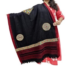 SMIT 여성용 Kachhi 모직 숄 - 손으로 짠 & 자수 여행용 랩 | 따뜻한 겨울 울 전통적인 인도 디자인 블루. 미디엄 171664, 블랙
