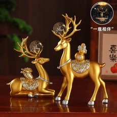 新款新中式大號如意葫蘆招財擺件客廳玄關酒櫃裝飾品喬遷家居禮物, 百財福鹿-金色+兩個球