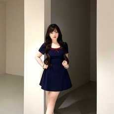 Yellwel 여름용 유색 U넥 나비 넥타이 원피스 시원한 니트 원피스 DJP