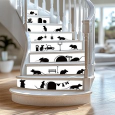 PLIGREAT 15개의 스트립 숲 폭포 계단 라이저 데칼 벗겨서 붙이는 계단 스티커 18cm x 99.1cm(7.1인치 x 39인치) 자체 접착 비닐 꽃 계단 벽화 장식 홈, Black Mouse Hole