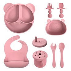 kele 科樂 矽膠嬰兒餐具組, 深粉 - 小熊盤熊碗圍兜矽膠長短叉勺水滴杯, 1套, 如圖