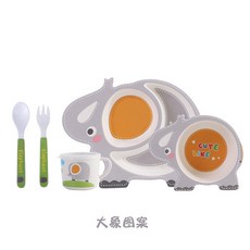 YIChu-竹纖維兒童餐具套裝 嬰幼兒輔食卡通可愛餐盤碗勺叉水杯 XWOM, 大象-5件套, 1個