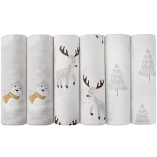 Maliton 신생아용 모슬린 포대기 담요 6팩 통기성 속싸개 68.6 x 68.6cm27 27인치 여아 및 남아용 부드러운 아기 유아 랩용 3중 면 디자인의 트림 천무지개, 흰색 동물