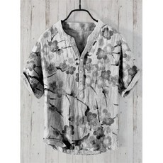 여성 레트로 자수 린넨셔츠 남녀공용 매화 프린트 하프 카디건 단추 업 반팔 셔츠 하와이 리넨