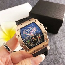 酒桶型鏤空機械腕錶 雙弧面硅膠錶帶設計, 黑金, 1個