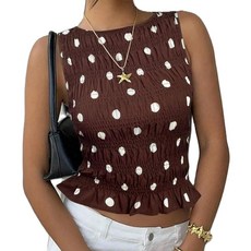 Women Shirred Sleeveless Tops Y2K Polka Dot Smocked Ruffle Tank Tops Plaid Boat Neck Ruched Shirt, Coffee