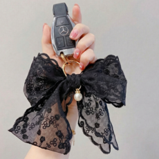 발레코어 레이스 왕 리본 진주 키링 자동차 스마트키 홀더 가방 백참 열쇠고리 (블랙/화이트)