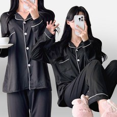 스트릿제이 블랙 라인 배색 실크 상의 셔츠 하의 밴딩팬츠 파자마 잠옷 세트