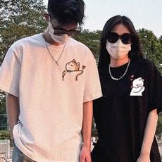 해피유통 남여공용1+1 커플룩 여름 고양이 반팔티 프리미엄 반팔 탑 jhljq