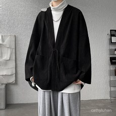 HPTF 優選大碼燈芯絨新中式開衫外套，寬鬆道袍設計，秋季新款大尺碼男士長袖襯衫