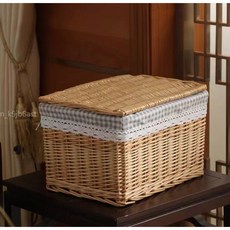 橫方藤編收納筐 柳編整理箱 玩具髒衣籃 特大號 60*40*40, （方箱）原色筐搭配淺格內襯,小號 30*20*16cm, 1個
