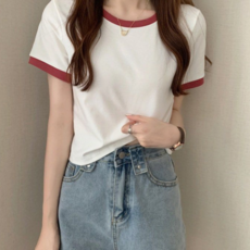 배색 라인 포인트 여성 크롭 무지 여름 오버핏 반팔 티셔츠