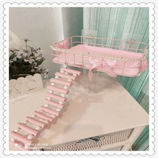 倉鼠金絲熊籠子 DIY平臺防咬吊籃 吊窩 秋韆 蜜袋鼯窩 吊床, 1個, 粘鉤款粉鐵平臺+30cm鏤空軟梯