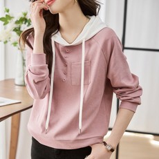 지디오 여성 후드 티셔츠 포켓 단추 배색 여자티셔츠