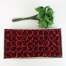 DIY 장미 비누꽃 50송이+잎사귀 꽃대 50개, 1개, 버건디 레드
