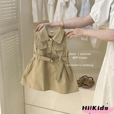 女童洋裝 裙子 夏天 韓版無袖工裝背心裙 兒童尚淑女襯衫裙