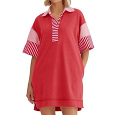 Wenrine 여성용 폴로 브이넥 티셔츠 드레스 캐주얼 여름 오버사이즈 컬러 블록 반소매 스웨트셔츠 미니 드레스 라이트 퍼플 L