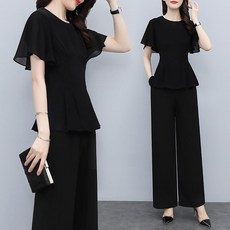 ORZQU 여름 여성 캐주얼 솔리드 라운드 날개 소매 슬림핏 블라우스 하이 와이드 팬츠 투피스