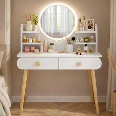 소프트엣지 LED 원목 수납 화장대, 화이트+화이트 (LED 포함)
