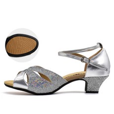 LIANWEN 빅사이즈 댄스화굽낮은댄스화 여성라인댄스화 재즈슈즈 샌들 스포츠댄스화 라인댄스슈즈, 240, 실버3.5cm