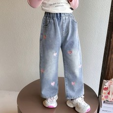 韓版粉色刺繡小愛心女童牛仔寬褲 現貨 舒適百搭寬鬆版型