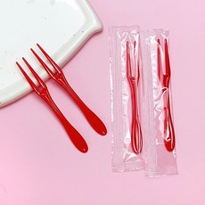 일회용 플라스틱 포크 개별포장 과일포크 미니 디저트 포크, 100개, 플라스틱 포크 레드