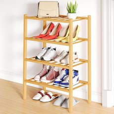 Smiry 신발장 3단 두께의 긴 대나무 신발 오거나이저 쌓을 수 있는 프리 스탠딩 목재 신발 보관 선반 옷장 입구 현관 입구용 그레이, 천연, 4 Tier - Small