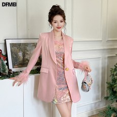 DFMEI 프렌치 루즈핏 핑크 새틴 정장 코트 세미핏 정장여자20932