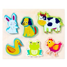 木製幾何立體卡扣拼圖 1-3歲兒童早教木質拼板積木玩具, 1個, xbl-農場動物