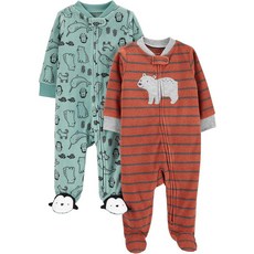 Simple Joys by Carter's Neutral 2팩 플리스 풋 슬립 앤 플레이 밀크 앤 쿠키 PRE, 러스트 스트라이프/스프루스 그린 포레스트 애니멀