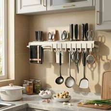 ORZQU 벽걸이 주방 정리대 칼꽂이 젓가통 일체형 + 행주걸이 후크, 1개, 미백색