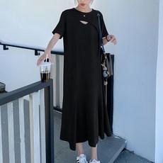 ORZQU 여성 여름 임산부 빅사이즈 롱원피스 고급스러운 라운드넥 레이어드 컷아웃 반팔 스포츠 루즈핏 머메이드 캐주얼 살커버룩