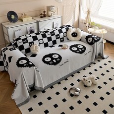可愛卡通毛球雪尼爾沙發巾 創意格紋動物圖案沙發套, 歡樂煤球黑色,90x180