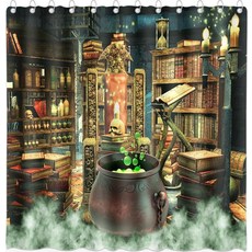 DePHOTO 포토할로윈마녀샤워커튼마녀방매직책장물약과가마솥끓는폴리에스터원단홈데코후크포함182.9x182.9cm72x118383