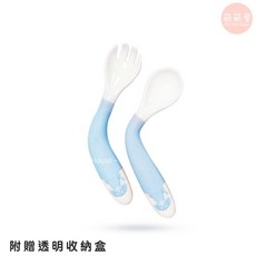 萌萌屋 Mo Mo House 嬰兒餵食餐具 寶寶湯匙叉子組 附收納盒 可彎曲 耐高溫消毒, 1個, 藍色(圖案為隨機出貨)