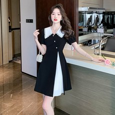 AOKADA 여성 여름 결혼식 하객룩 오피스룩 A라인 배색 카라 반팔 플리츠 원피스
