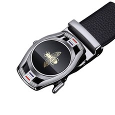 男士鱷魚紋自動扣皮帶，時尚蜜蜂圖案設計，黑色皮革腰帶，展現成熟男士的品味與質感