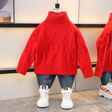 남아용 하이넥 니트 겨울 두꺼운 아동, 레드