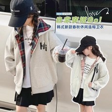 新款可愛童裝 女童外套 新款女童外套春秋新款格子韓版連帽衛衣中大童洋氣兒童拉鏈開衫秋