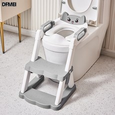 DFMEI 兒童坐便器輔助馬桶階梯便攜式馬桶圈男女寶寶坐便摺疊梯可愛造型, 高級灰(俏皮)+PU墊:如圖