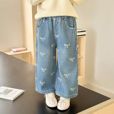 지디오 키즈 여아 밴딩 데님 팬츠 리본 패턴 일자핏 9부 청바지